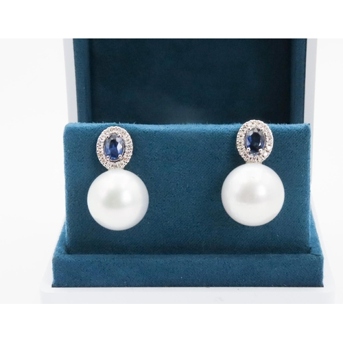 111 - Pair of Sapphire and Diamond Set Ladies Pearl Earrings Set in 18 Carat White Gold Each 2.5cm High