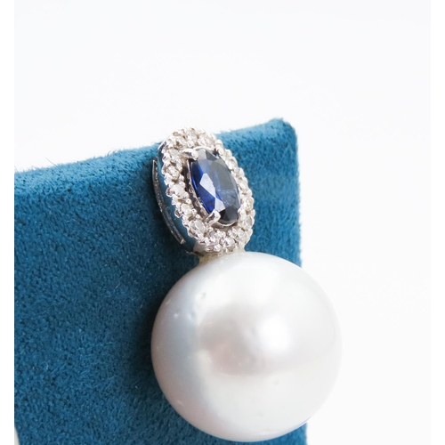 111 - Pair of Sapphire and Diamond Set Ladies Pearl Earrings Set in 18 Carat White Gold Each 2.5cm High