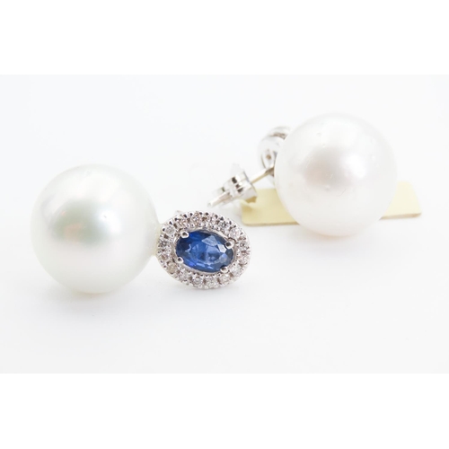 111 - Pair of Sapphire and Diamond Set Ladies Pearl Earrings Set in 18 Carat White Gold Each 2.5cm High