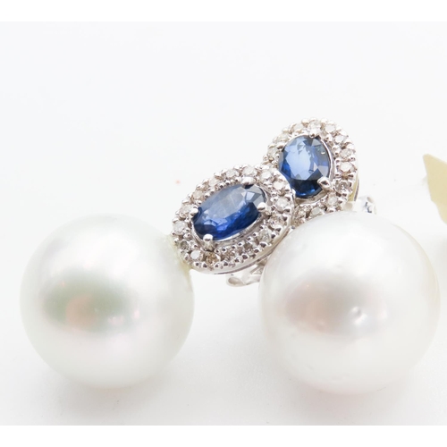 111 - Pair of Sapphire and Diamond Set Ladies Pearl Earrings Set in 18 Carat White Gold Each 2.5cm High