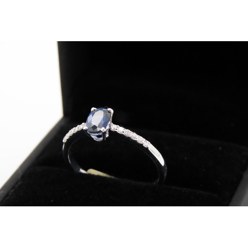 112 - Four Claw Set Sapphire Ring Mounted in 18 Carat White Gold with Further Diamonds Set to Band Ring Si... 