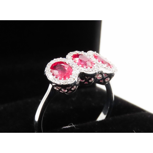 115 - Three Stone Basket Set Ruby Ring with Diamond Halo Setting Mounted in 18 Carat White Gold Ring Size ... 