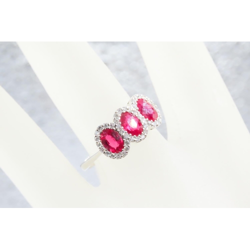 115 - Three Stone Basket Set Ruby Ring with Diamond Halo Setting Mounted in 18 Carat White Gold Ring Size ... 