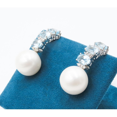 118 - Pair of Three Stone Aquamarine Set Pearl Drop Earrings Set in 18 Carat White Gold Each 3cm High Aqua... 