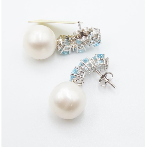 118 - Pair of Three Stone Aquamarine Set Pearl Drop Earrings Set in 18 Carat White Gold Each 3cm High Aqua... 