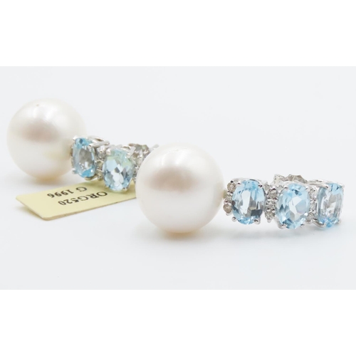 118 - Pair of Three Stone Aquamarine Set Pearl Drop Earrings Set in 18 Carat White Gold Each 3cm High Aqua... 