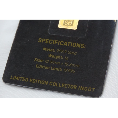 119 - Ingot Encapsulated Gold Piece Pure Gold 999.9  Carat 10.6mm x 10.6mm 1 Gram Mint Condition