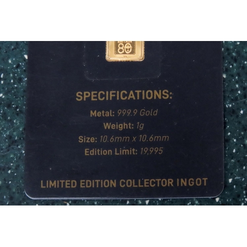 128 - Ingot Encapsulated Gold Piece Pure Gold 999.9  Carat 10.6mm x 10.6mm 1 Gram Mint Condition