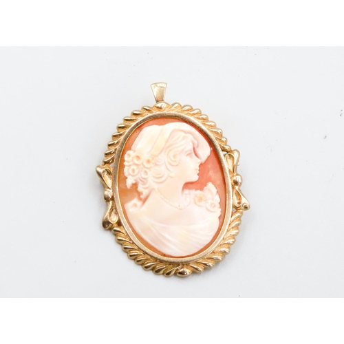 132 - 9 Carat Yellow Gold Bound Cameo Brooch 5cm High with Further Bale Mount for Pendant