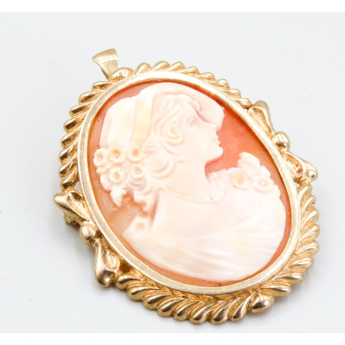 132 - 9 Carat Yellow Gold Bound Cameo Brooch 5cm High with Further Bale Mount for Pendant