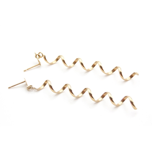 14 - Pair of 9 Carat Yellow Gold Spiral Form Earrings Each 5cm Drop