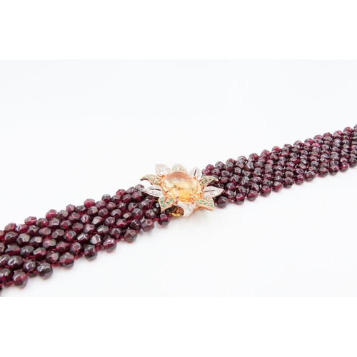 144 - Belle Epoque Garnet Set Ladies Choker Inset With Diamonds and Emeralds Mandarin Citrine Centerstone ... 