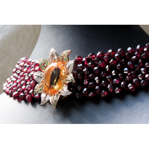 144 - Belle Epoque Garnet Set Ladies Choker Inset With Diamonds and Emeralds Mandarin Citrine Centerstone ... 