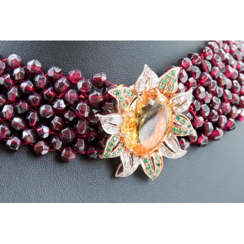 144 - Belle Epoque Garnet Set Ladies Choker Inset With Diamonds and Emeralds Mandarin Citrine Centerstone ... 