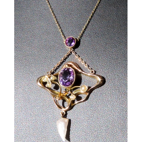 145 - Amethyst and Pearl Set Ladies Necklace Mounted in 15 Carat Yellow Gold Further Set on 15 Carat Yello... 