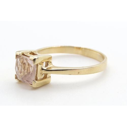 15 - Four Claw Set Cushion Cut Rose Quartz Ring Set in 9 Carat Yellow Gold Ring Size N