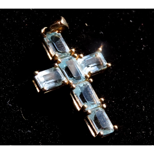 152 - Six Stone Emerald Cut Aquamarine Cross Pendant Set in 9 Carat Yellow Gold 3cm Drop Further Set on 9 ... 