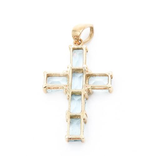 152 - Six Stone Emerald Cut Aquamarine Cross Pendant Set in 9 Carat Yellow Gold 3cm Drop Further Set on 9 ... 