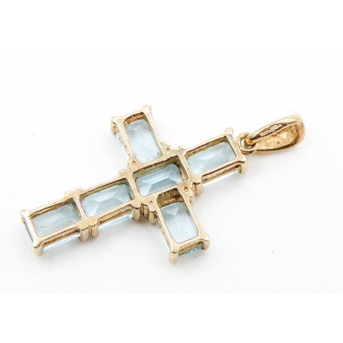 152 - Six Stone Emerald Cut Aquamarine Cross Pendant Set in 9 Carat Yellow Gold 3cm Drop Further Set on 9 ... 