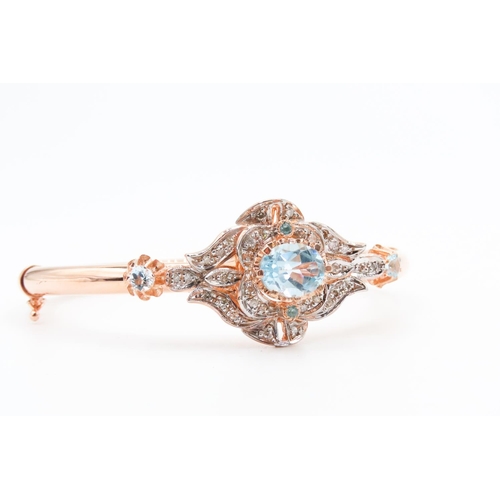 153 - 9 Carat Rose Gold Aquamarine Set Ladies Bangle Further Decorated with Diamonds Inner Width 6.5cm