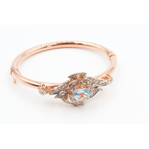 153 - 9 Carat Rose Gold Aquamarine Set Ladies Bangle Further Decorated with Diamonds Inner Width 6.5cm