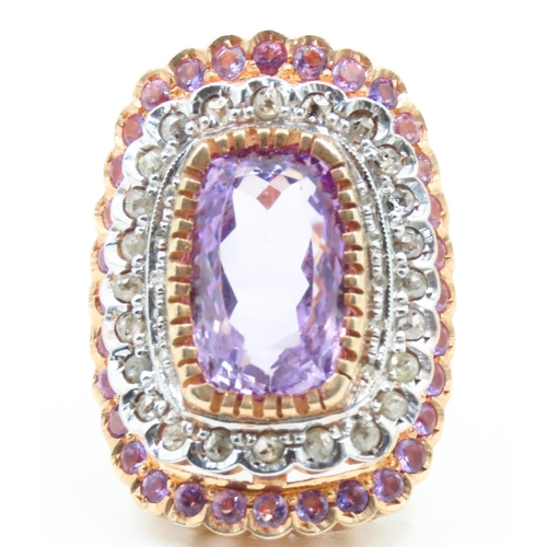 158 - Amethyst Set Statement Ring Mounted on 9 Carat Rose Gold with Diamond and Amethyst Twin Row Halo Sur... 