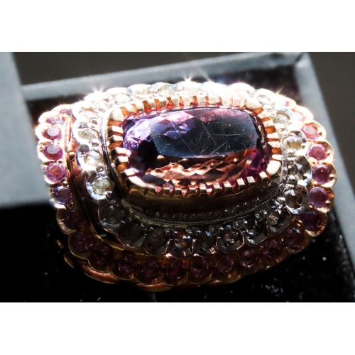 158 - Amethyst Set Statement Ring Mounted on 9 Carat Rose Gold with Diamond and Amethyst Twin Row Halo Sur... 