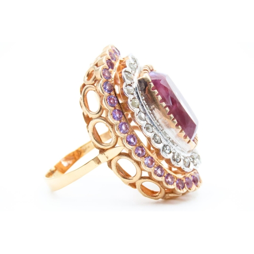 158 - Amethyst Set Statement Ring Mounted on 9 Carat Rose Gold with Diamond and Amethyst Twin Row Halo Sur... 