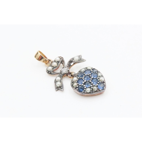 165 - Sapphire and Seed Pearl Set Heart and Bow Pendant Mounted in Silver Gilt and 9 Carat Yellow Gold 2cm... 