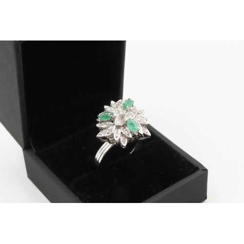 167 - Emerald and Diamond Floral Design Cluster Ring Mounted on 18 Carat White Gold Attractively Detailed ... 