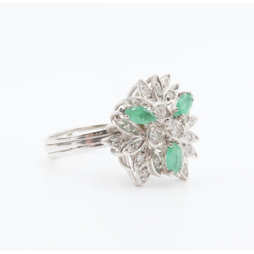 167 - Emerald and Diamond Floral Design Cluster Ring Mounted on 18 Carat White Gold Attractively Detailed ... 