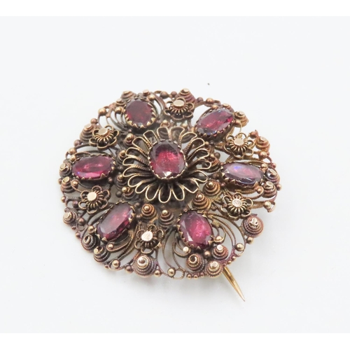 168 - Victorian 9 Carat Yellow Gold Red Garnet Decorated Brooch 4cm Wide Oval Form