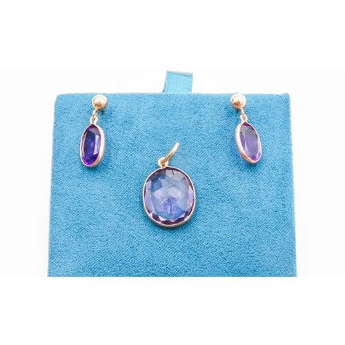 187 - Pair of 9 Carat Yellow Gold Amethyst Set Earrings 1.5cm Drop with Matching 9 Carat Yellow Gold set A... 