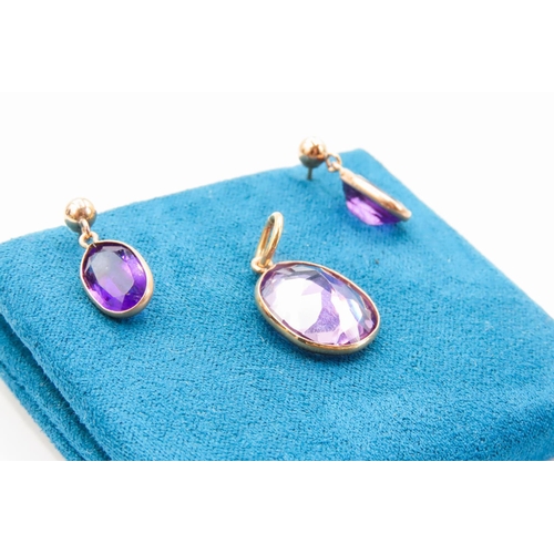 187 - Pair of 9 Carat Yellow Gold Amethyst Set Earrings 1.5cm Drop with Matching 9 Carat Yellow Gold set A... 