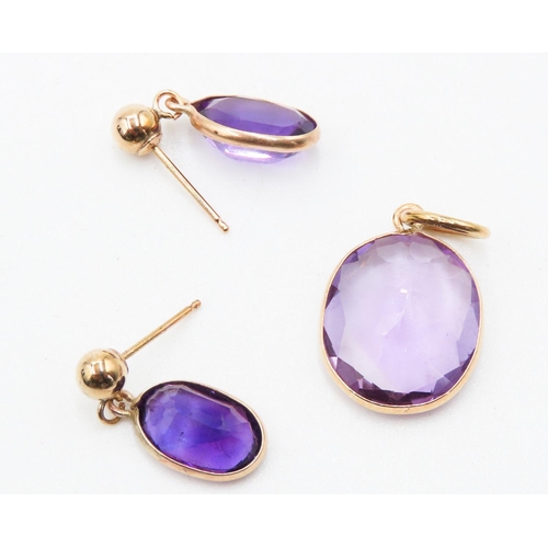 187 - Pair of 9 Carat Yellow Gold Amethyst Set Earrings 1.5cm Drop with Matching 9 Carat Yellow Gold set A... 