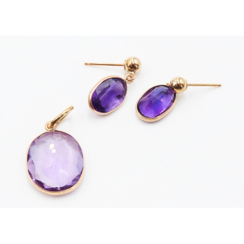 187 - Pair of 9 Carat Yellow Gold Amethyst Set Earrings 1.5cm Drop with Matching 9 Carat Yellow Gold set A... 