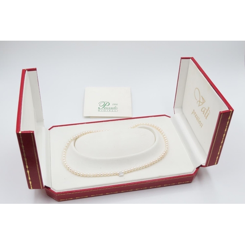 Ladies Pearl Necklace with 18 Carat White Gold Clasp and Diamond Set Pendant 40cm Long with Original Presentation Box and Certificate