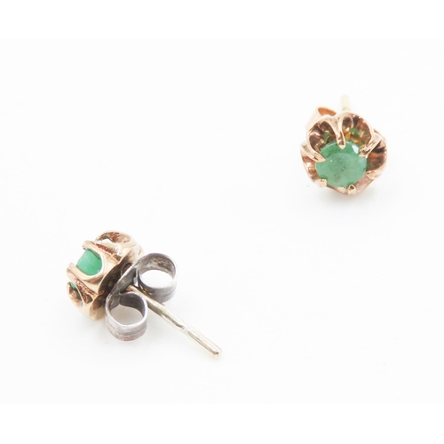 214 - Pair of Belcher Set Emerald Earrings Mounted in 9 Carat Yellow Gold Each 0.7cm