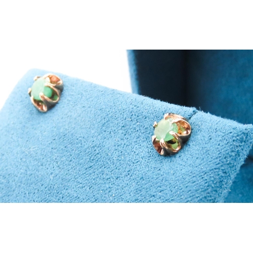 214 - Pair of Belcher Set Emerald Earrings Mounted in 9 Carat Yellow Gold Each 0.7cm