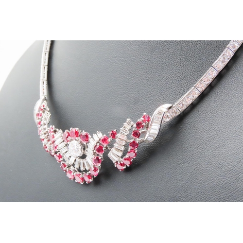 224 - Ruby and Diamond Ladies Necklace Attractively Detailed Platinum Set Mounted on 18 Carat White Gold 4... 