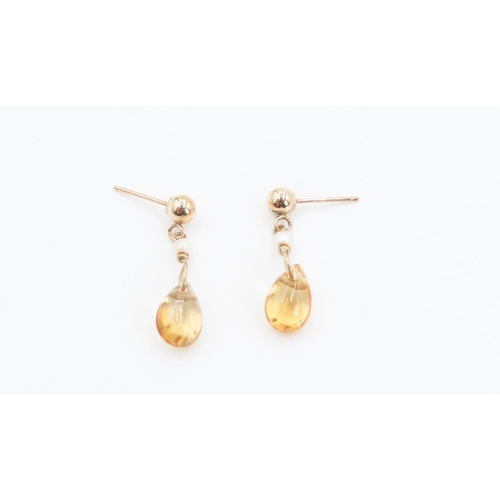 226 - Pair of Citrine and Seed Pearl Drop Earrings 2cm Drop Mounted in 9 Carat Yellow Gold