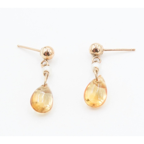 226 - Pair of Citrine and Seed Pearl Drop Earrings 2cm Drop Mounted in 9 Carat Yellow Gold