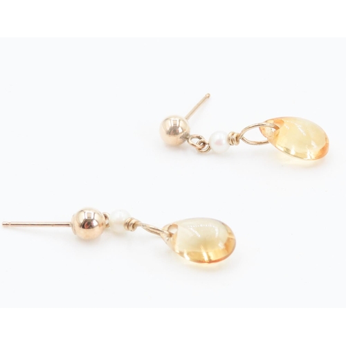 226 - Pair of Citrine and Seed Pearl Drop Earrings 2cm Drop Mounted in 9 Carat Yellow Gold