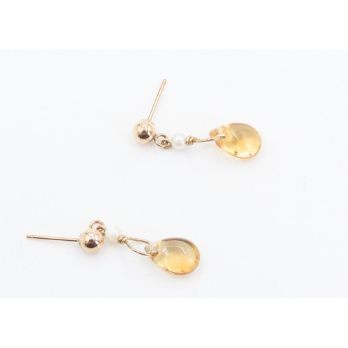 226 - Pair of Citrine and Seed Pearl Drop Earrings 2cm Drop Mounted in 9 Carat Yellow Gold