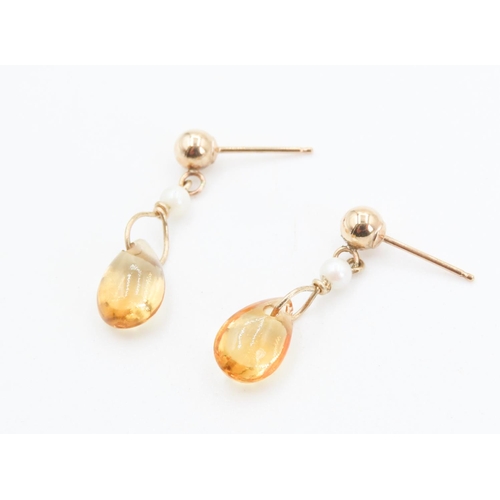 226 - Pair of Citrine and Seed Pearl Drop Earrings 2cm Drop Mounted in 9 Carat Yellow Gold