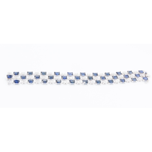 228 - Fine Sapphire and Diamond Baguette Cut Ladies Three Row Bracelet Articulated Form Mounted on 18 Cara... 