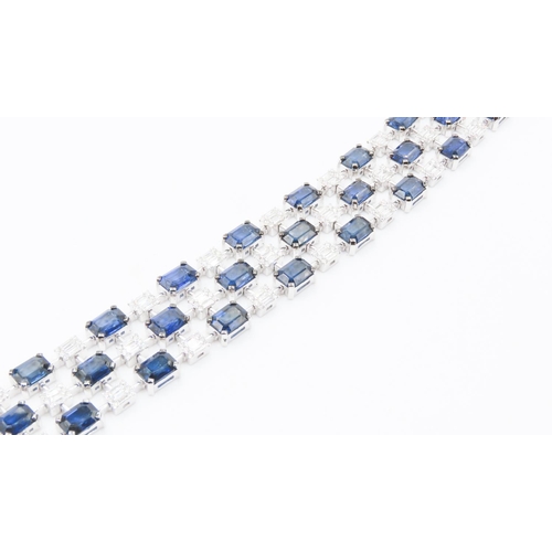 228 - Fine Sapphire and Diamond Baguette Cut Ladies Three Row Bracelet Articulated Form Mounted on 18 Cara... 