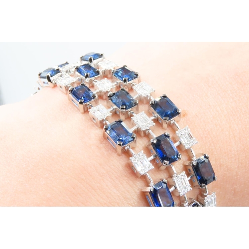 228 - Fine Sapphire and Diamond Baguette Cut Ladies Three Row Bracelet Articulated Form Mounted on 18 Cara... 