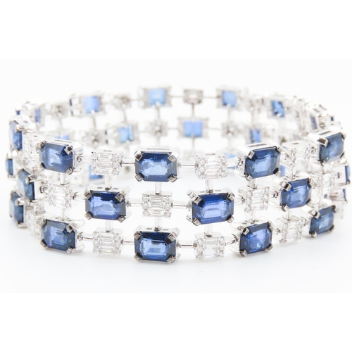 228 - Fine Sapphire and Diamond Baguette Cut Ladies Three Row Bracelet Articulated Form Mounted on 18 Cara... 