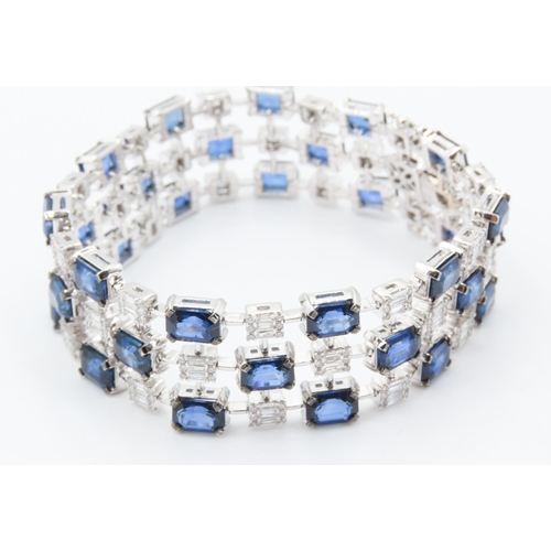 228 - Fine Sapphire and Diamond Baguette Cut Ladies Three Row Bracelet Articulated Form Mounted on 18 Cara... 